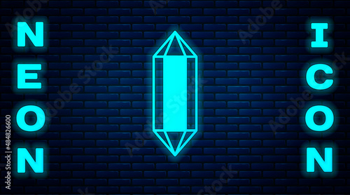 Glowing neon Gem stone icon isolated on brick wall background. Jewelry symbol. Diamond. Vector