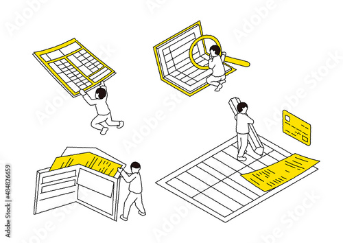確定申告をする人のアイソメトリック図　人物セットver