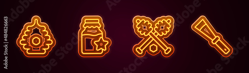 Set line Hive for bees, Jar of honey, Honey dipper stick and Beekeeping knife. Glowing neon icon. Vector