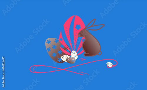 Easter sweets eggs and rabbit on blue background, isolated vector elements for happy Easter greetings