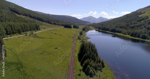 Aerial push in shot above Loch Na Bi near Tyndrum, Scotland, on a sunny day photo