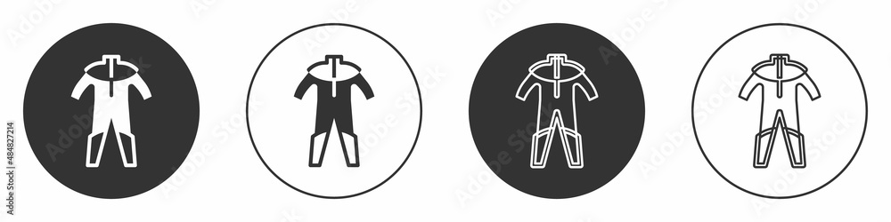 Black Wetsuit for scuba diving icon isolated on white background. Diving underwater equipment. Circle button. Vector Black Wetsuit for scuba diving icon isolated on white background. Diving underwater equipment. Circle button. Vector