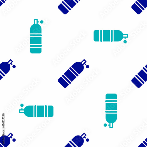 Blue Aqualung icon isolated seamless pattern on white background. Oxygen tank for diver. Diving equipment. Extreme sport. Diving underwater equipment. Vector
