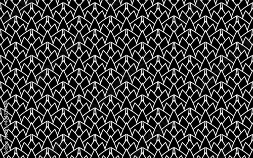Notched dragon squama geometric seamless background. Black simple pattern or roof texture. Minimal wallpaper. Reptile decorative skin or mermaid tail.