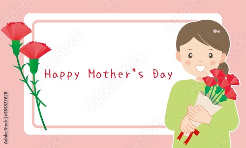 母の日のメッセージカード（花束を抱えるママ）