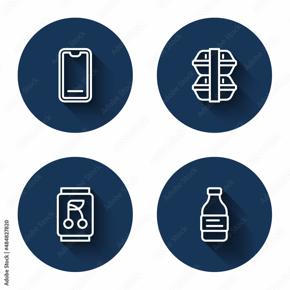Set line Food ordering on mobile, Lunch box, Soda can and Bottle of water with long shadow. Blue circle button. Vector Set line Food ordering on mobile, Lunch box, Soda can and Bottle of water with long shadow. Blue circle button. Vector