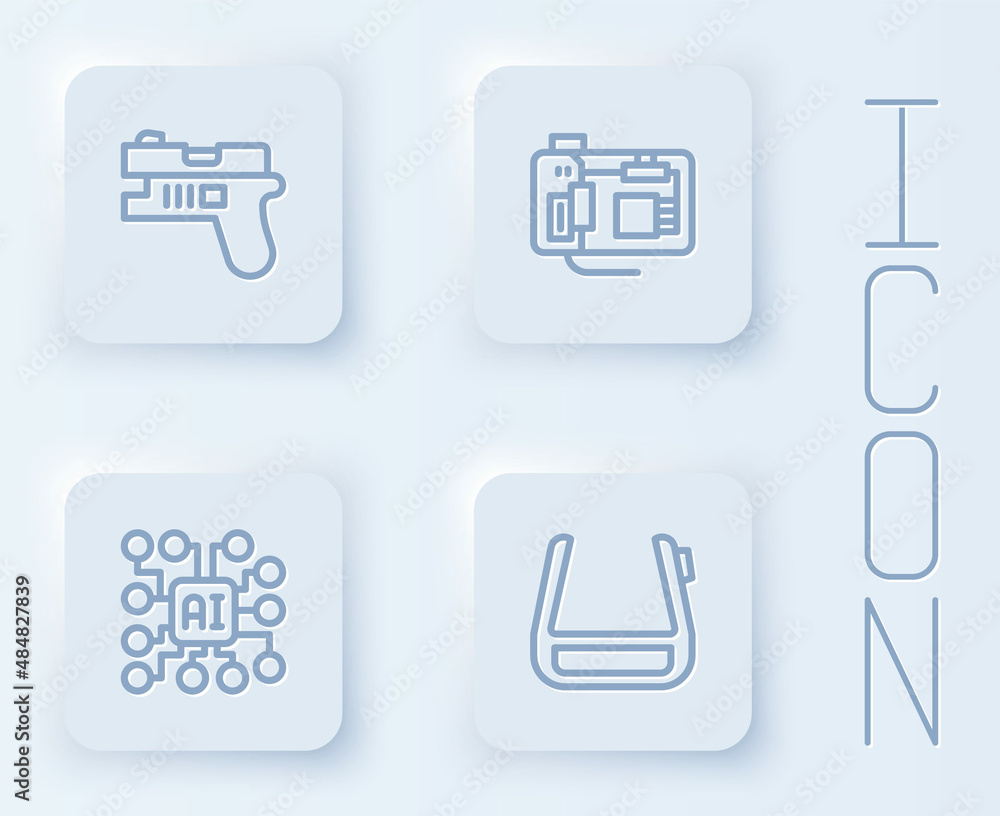 Set line Futuristic weapon, Motherboard, Neural network and Smart glasses spectacles. White square button. Vector Set line Futuristic weapon, Motherboard, Neural network and Smart glasses spectacles. White square button. Vector