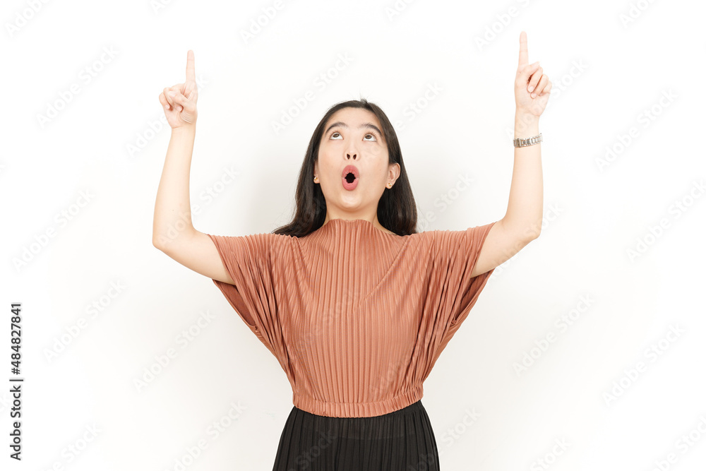 Showing Product and Pointing Up Of Beautiful Asian Woman Isolated On White Background Showing Product and Pointing Up Of Beautiful Asian Woman Isolated On White Background
