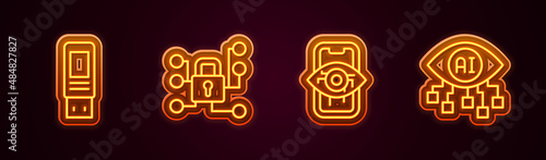 Set line USB flash drive, Cyber security, Computer vision and . Glowing neon icon. Vector