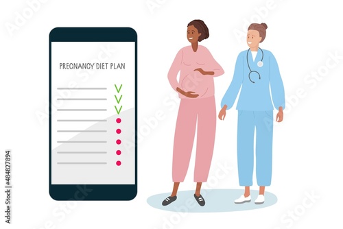 Pregnancy Diet Plan. Doctor tells pregnant woman about diet benefits during pregnancy. Smartphone diet plan. Healthy nutrition during pregnancy. Smartphone interface with list. Vector illustration.