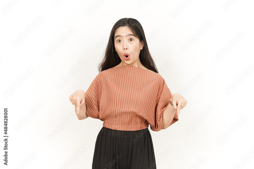 Showing Product and Pointing Down Of Beautiful Asian Woman Isolated On White Background Showing Product and Pointing Down Of Beautiful Asian Woman Isolated On White Background
