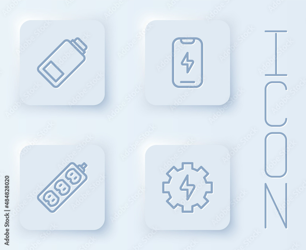 Set line Battery charge, Mobile phone, Electric extension and Gear and lightning. White square button. Vector Set line Battery charge, Mobile phone, Electric extension and Gear and lightning. White square button. Vector
