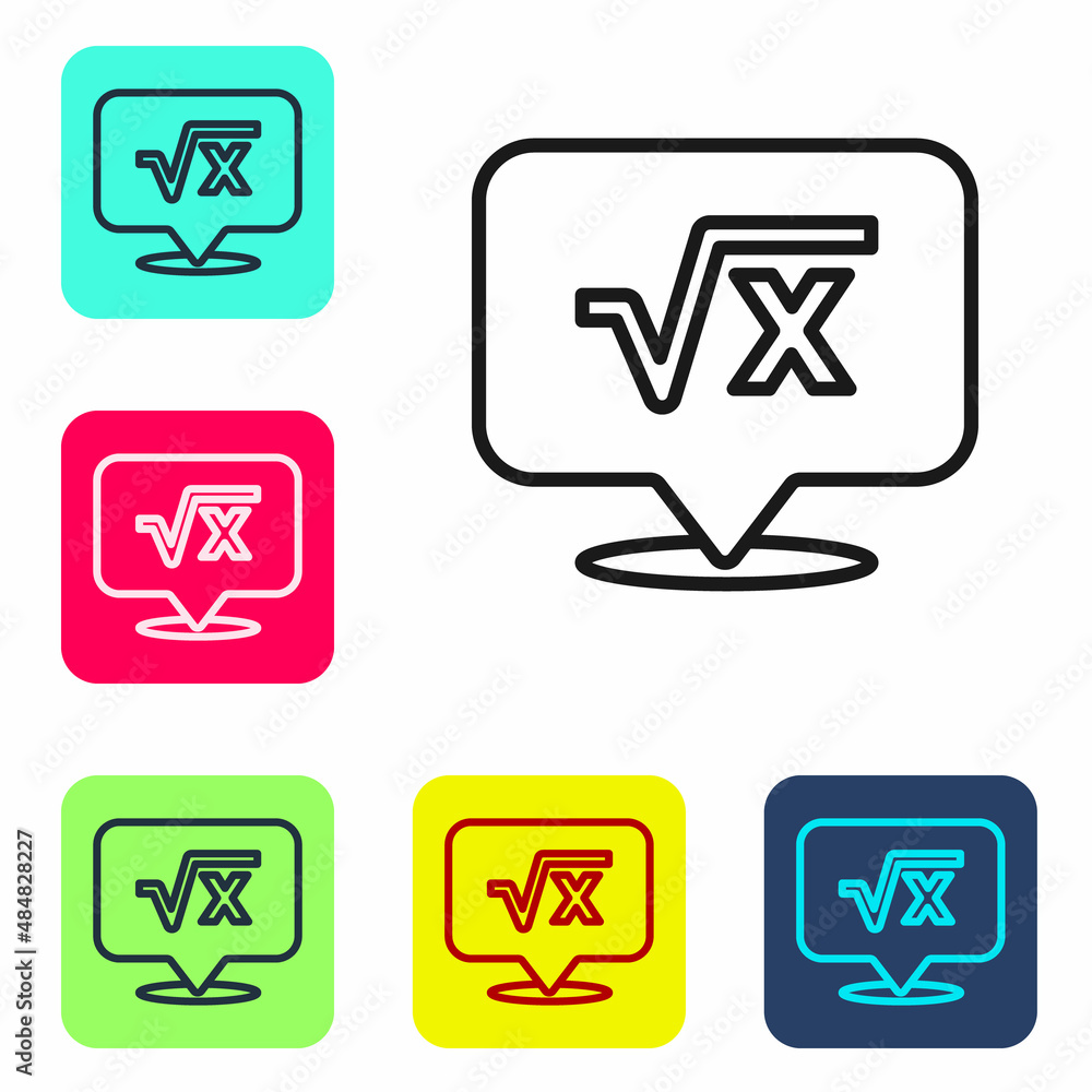 Black line Square root of x glyph icon isolated on white background. Mathematical expression. Set icons in color square buttons. Vector Black line Square root of x glyph icon isolated on white background. Mathematical expression. Set icons in color square buttons. Vector