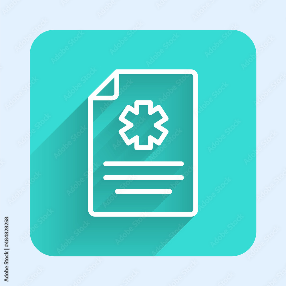White line Medical clipboard with clinical record icon isolated with long shadow. Health insurance form. Prescription, medical check marks report. Green square button. Vector White line Medical clipboard with clinical record icon isolated with long shadow. Health insurance form. Prescription, medical check marks report. Green square button. Vector