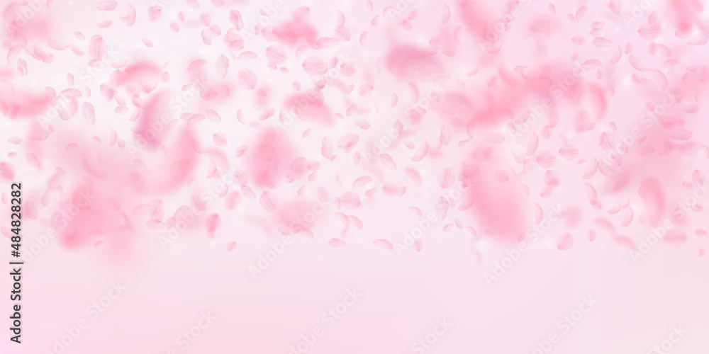 Sakura petals falling down. Romantic pink flowers gradient. Flying petals on pink wide background. Love, romance concept. Precious wedding invitation.