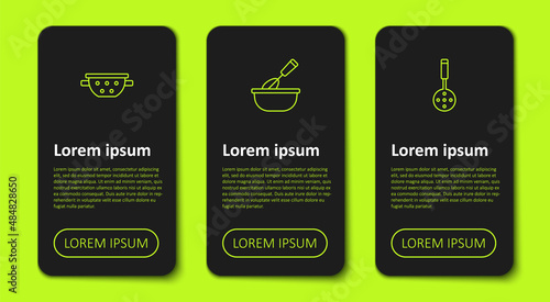 Set line Kitchen colander, Cooking whisk with bowl and Spatula. Business infographic template. Vector