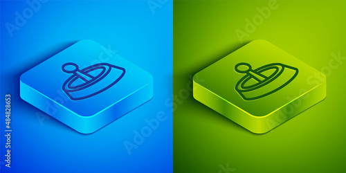 Isometric line Casino roulette wheel icon isolated on blue and green background. Square button. Vector