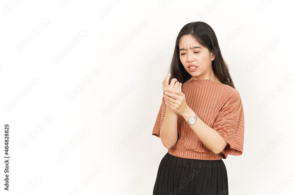 Suffering Hand Pain Of Beautiful Asian Woman Isolated On White Background Suffering Hand Pain Of Beautiful Asian Woman Isolated On White Background