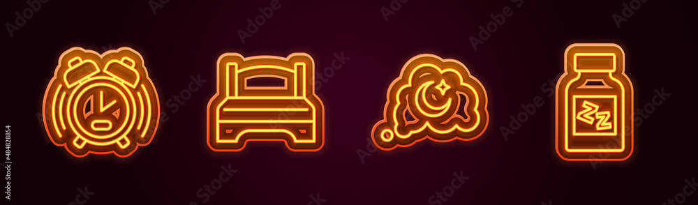 Obraz premium Set line Alarm clock, Big bed, Dreams and Sleeping pill. Glowing neon icon. Vector