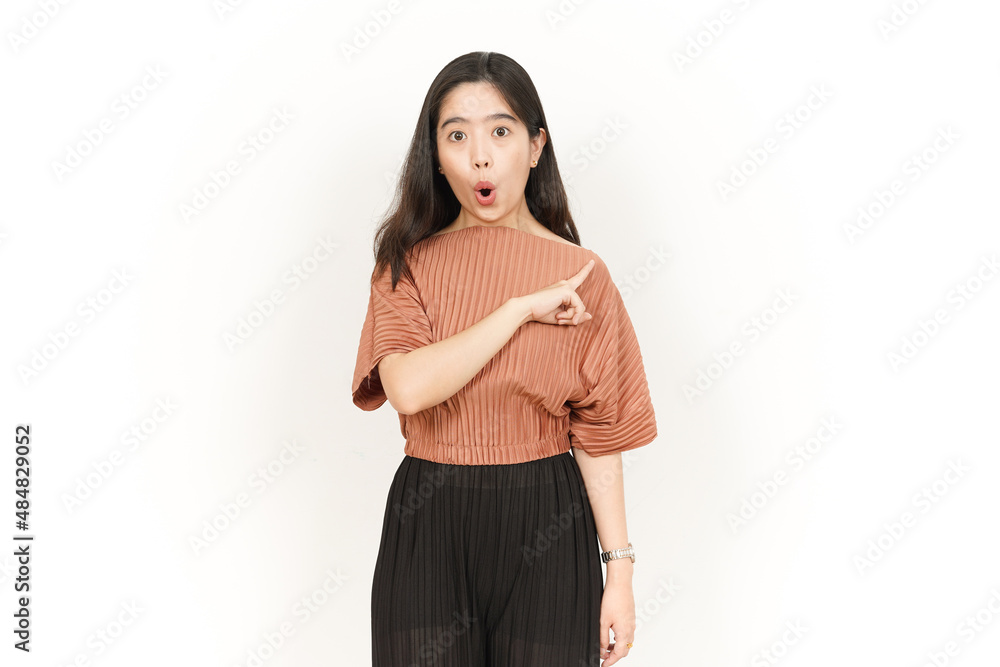 Showing Product and Pointing Side Of Beautiful Asian Woman Isolated On White Background Showing Product and Pointing Side Of Beautiful Asian Woman Isolated On White Background