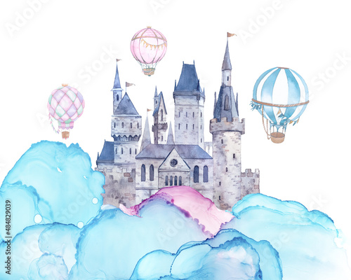 Fototapeta Akwarela, zamek z balonami. Ilustracja bajkowa
