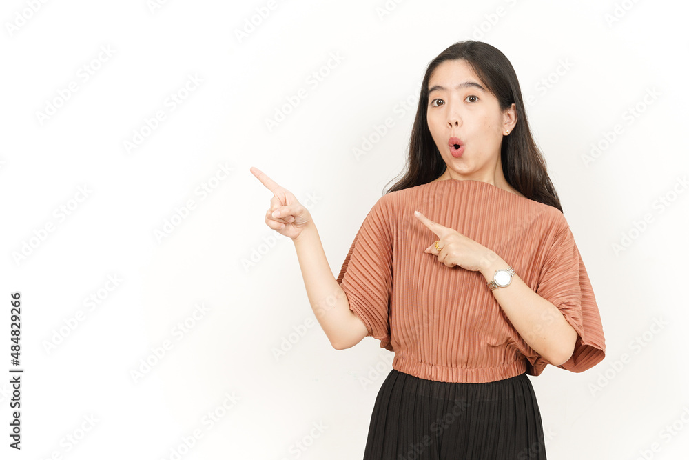 Showing Product and Pointing Side Of Beautiful Asian Woman Isolated On White Background Showing Product and Pointing Side Of Beautiful Asian Woman Isolated On White Background