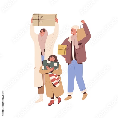 Happy family with kid walk with gifts after winter shopping. Mother, father and child going, carrying present boxed, bags for Christmas holiday. Flat vector illustration isolated on white background