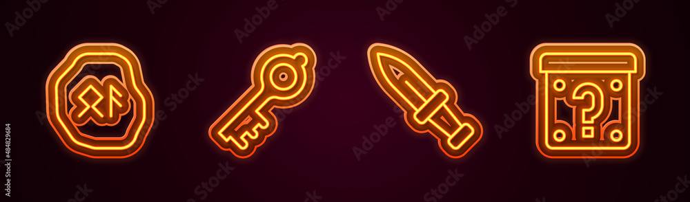 Set line Magic runes, Old magic key, Dagger and Mystery box. Glowing neon icon. Vector Set line Magic runes, Old magic key, Dagger and Mystery box. Glowing neon icon. Vector
