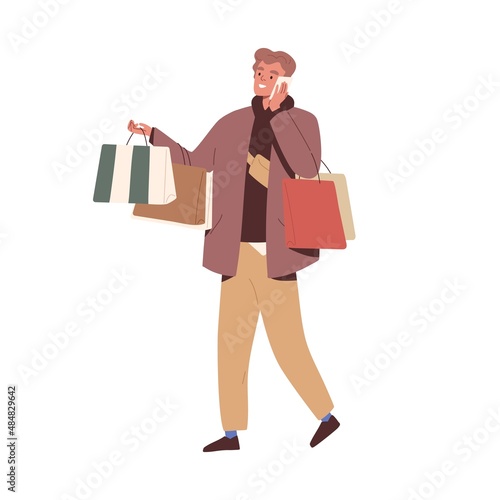 Happy man walking with gifts and shopping bags, talking on mobile phone outdoors. Person speak on smartphone, going, holding holiday presents. Flat vector illustration isolated on white background