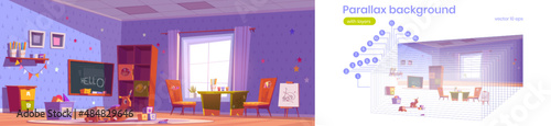 Parallax background kids playroom 2d interior. Nursery room with montessori toys, furniture, shelves and equipment for games and studying, separated layers, for game animation, Vector illustration