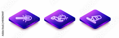 Set Isometric line Magic wand, Ball levitating above hand and Game thimbles icon. Vector