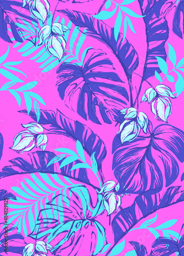 Tropical pattern with orchid flower, palm leaves. Summer vector background for fabric, cover,print design.