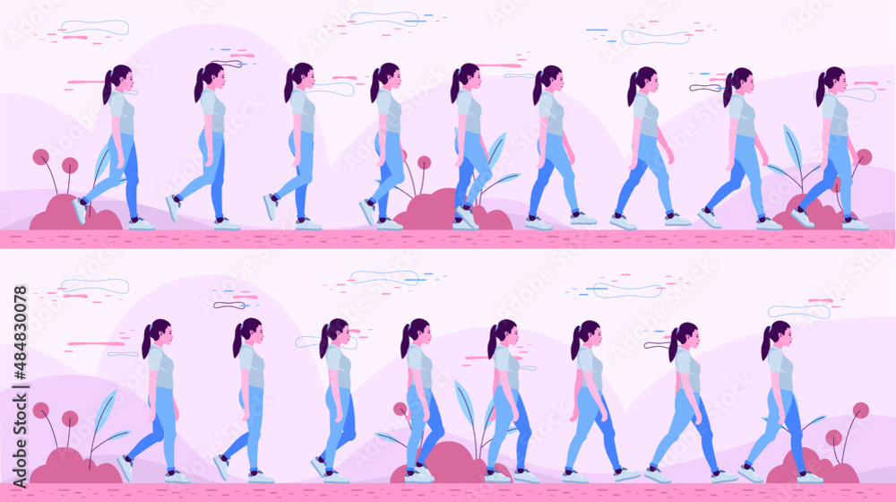 Woman walking cycle. Character, Model with Walk cycle animation. Character  design. Side view, animated character. Character creation, pose Stock  Vector | Adobe Stock