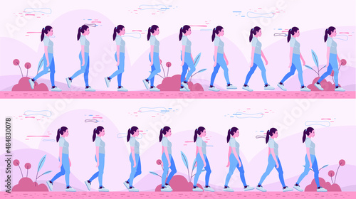 Woman walking cycle. Character, Model with Walk cycle animation. Character design. Side view, animated character. Character creation, pose