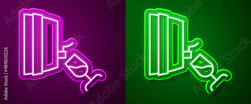 Glowing neon line Wine tasting, degustation icon isolated on purple and green background. Wooden barrel for wine with glass. Vector