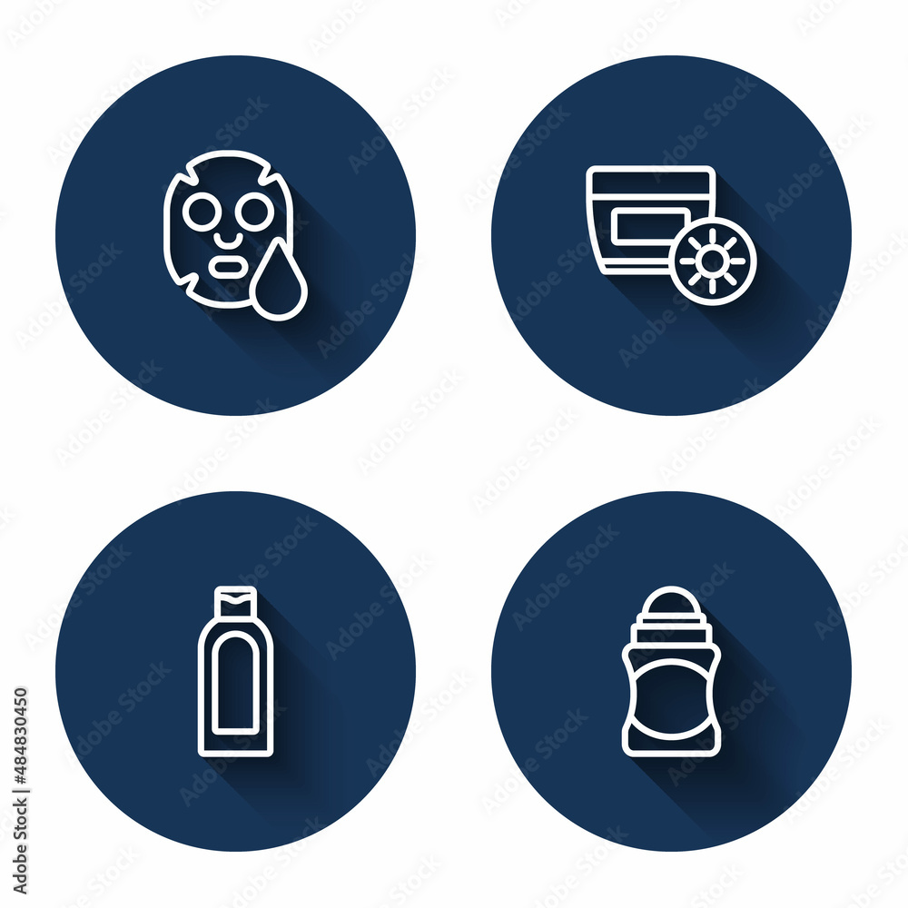 Set line Facial cosmetic mask, Sunscreen cream in tube, Bottle of shampoo and Deodorant roll with long shadow. Blue circle button. Vector Set line Facial cosmetic mask, Sunscreen cream in tube, Bottle of shampoo and Deodorant roll with long shadow. Blue circle button. Vector