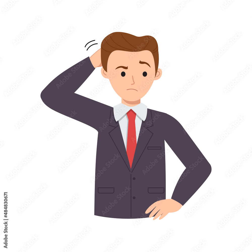 Young man scratching his head as sign of confusion. Flat vector cartoon design
