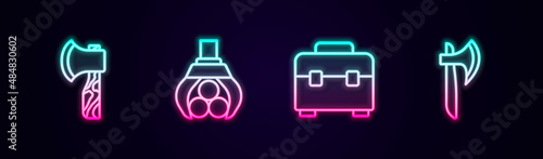 Set line Wooden axe, Grapple crane grabbed log, Toolbox and . Glowing neon icon. Vector
