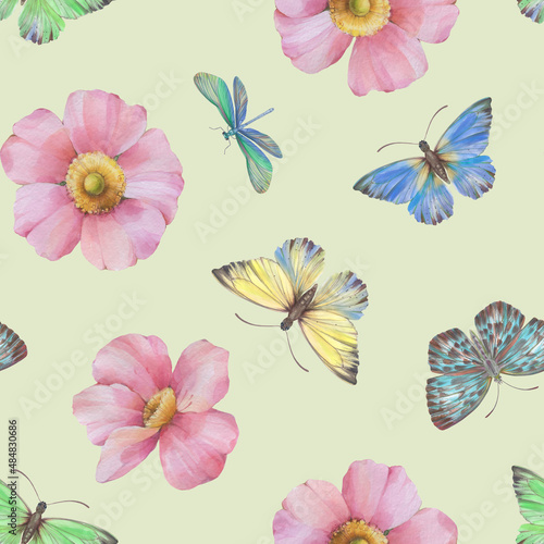 Seamless ornament for wrapping paper  design  print. Abstract Delicate flowers and butterflies are painted with watercolors  digitally processed. Botanical pattern on an abstract background.