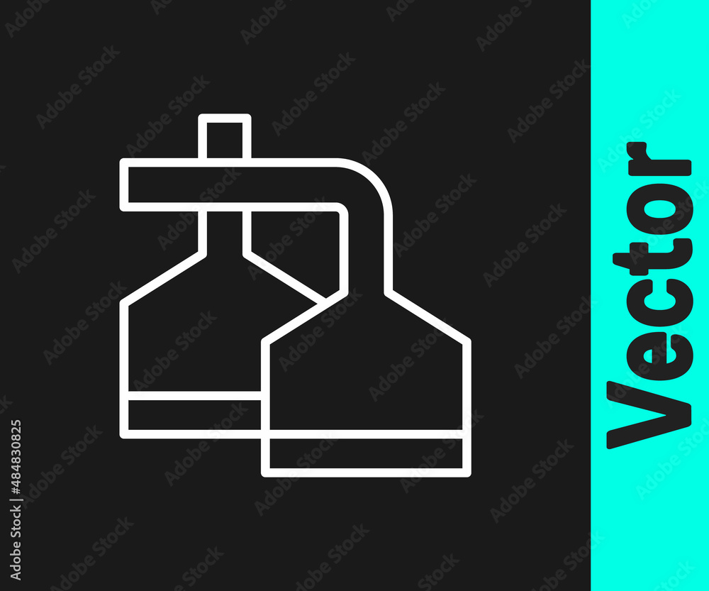 White line Traditional brewing vessels in brewery icon isolated on black background. Beer brewing process. Distillery plant, brewery. Vector White line Traditional brewing vessels in brewery icon isolated on black background. Beer brewing process. Distillery plant, brewery. Vector