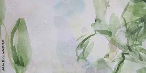 Background with leaves. Simple watercolor painting. Eco-friendly with space for text wallpaper. Naturalness concept.