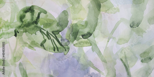 Green leaves background. Springtime fresh watercolor. Relax painting. Effortless wallpaper. ESG concept.
