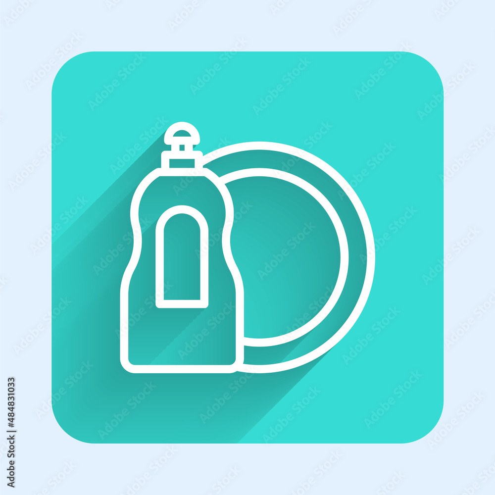 White line Dishwashing liquid bottle and plate icon isolated with long shadow background. Liquid detergent for washing dishes. Green square button. Vector