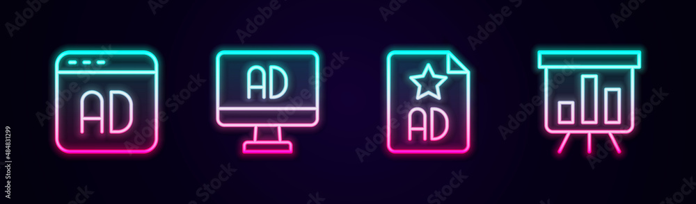 Set line Advertising, and Board with graph chart. Glowing neon icon. Vector Set line Advertising, and Board with graph chart. Glowing neon icon. Vector
