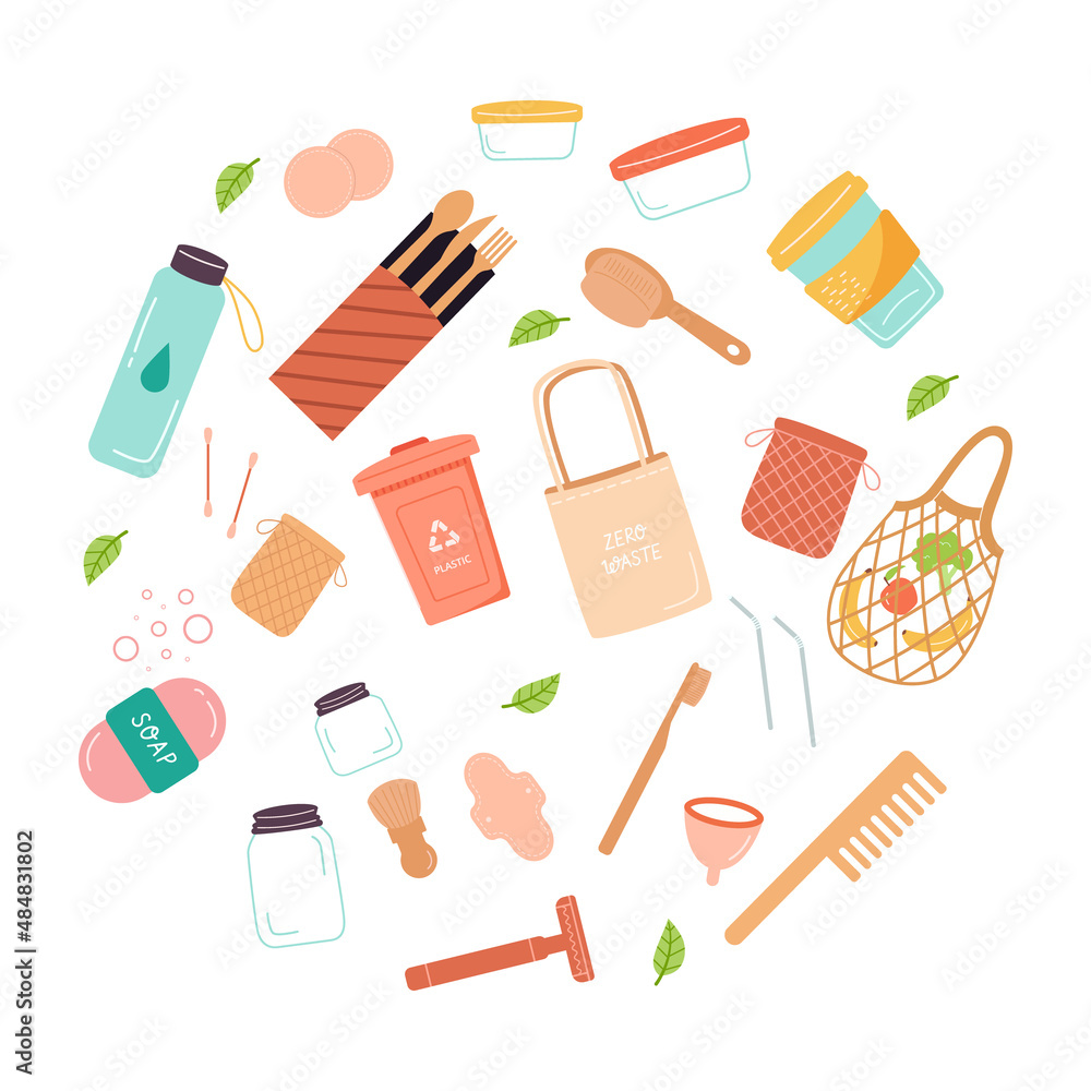 Modern Zero Waste concept illustration with eco friendly and reusable elements and lettering. Sustainable lifestyle, ecological concept. Colored vector illustration in cartoon flat style. Modern Zero Waste concept illustration with eco friendly and reusable elements and lettering. Sustainable lifestyle, ecological concept. Colored vector illustration in cartoon flat style.