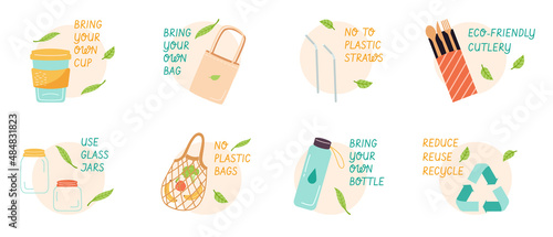Modern eco stickers collection with lettering and leaves. Concept of ecology, zero waste and sustainability. Colored flat vector illustration isolated on white background