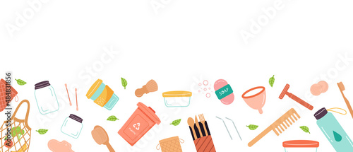 Modern Zero Waste background with durable and reusable items or products. Elements of eco friendly, no plastic and go green style. Colored vector illustration in flat style.