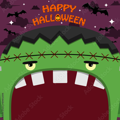 Halloween Character Design. With Frankenstein Character. Big Face and Open Mouth. In Grave field. Happy Halloween Theme.
