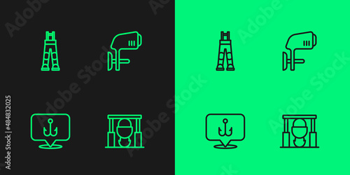 Set line Campfire and pot, Fishing hook, Fisherman pants and Outboard boat motor icon. Vector