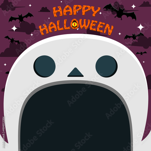 Halloween Character Design. With Ghost Character. Big Face and Open Mouth. In Grave field. Happy Halloween Theme.